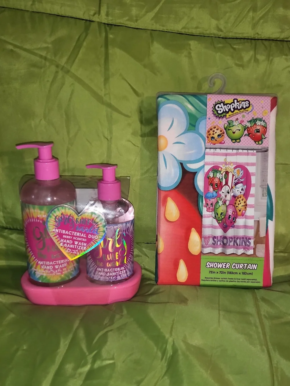 Shopkins Pink Kids Shower Curtain with Pink Hand Wash Duo 🩷🍪💕🍏🎀🍓